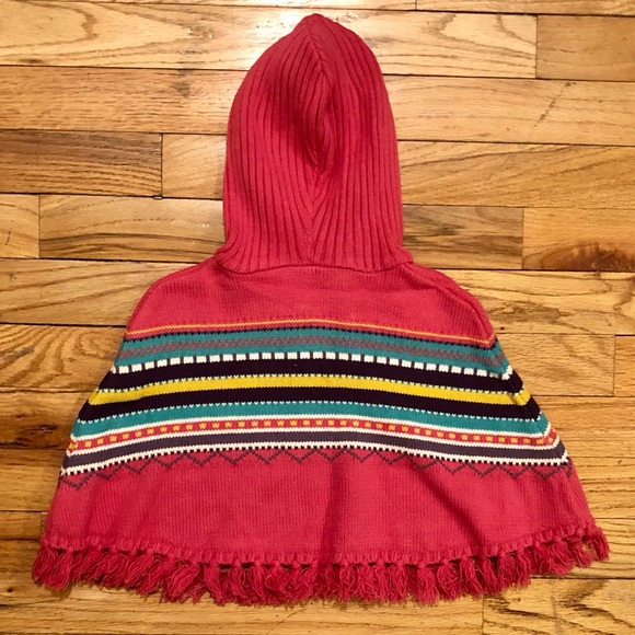 Pink knit cape with hood, multicolored design through the middle and fringe, 24M - Picture 2 of 6